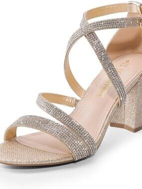 Women's Gold Rhinestone Block Chunky Heels Sandals Open Toe Cross Straps Shoes